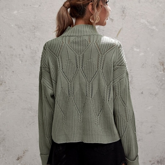 mock neck textured kni cuff sleeve sweater blue - Picture 3 of 7